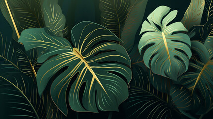 Fototapeta na wymiar Tropical leaves monstera on dark background. Vector illustration. generative ai