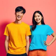 Fototapeta premium Illustration of a fashion portrait with plain t-shirt mockup, AI Generated