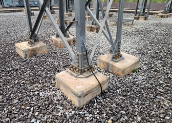 Steel structure with grounding cable of 115kV electrical equipment in switchyard of substation.