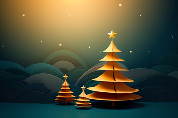 Christmas tree. Minimalistic style. Simple Christmas background. Xmas border. Yellow and dark green color.  AI generated