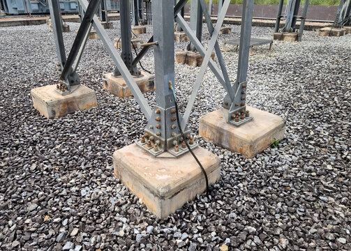 Steel structure with grounding cable of 115kV electrical equipment in switchyard of substation.