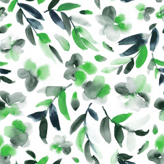 Watercolor abstract botanical in apple green and sage gray. Seamless pattern.  - 621298131