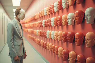 Surreal scene featuring human mannequins, leaning against a pastel wall. Symbolizes social issues and depression with a minimalistic concept. Generative Ai.