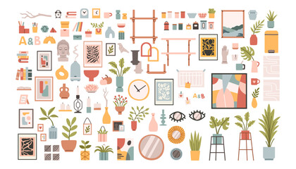 Home decor set for Scandinavian interior design. House plants, candles, shelves, vases for cozy trendy room decoration.