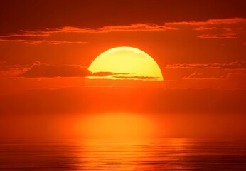 Fototapeta na wymiar 海に沈む真っ赤に染まる夕方の大きな夕日