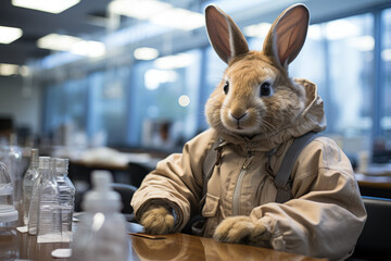A rabbit seated on a table with a disposable underpad nearby, in the presence of a veterinarian at a hospital. Generative Ai.