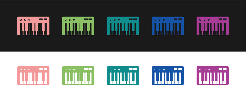 Set Music synthesizer icon isolated on black and white background. Electronic piano. Vector