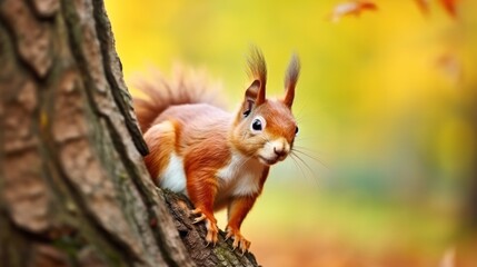 Naklejka na ściany i meble The Eurasian red squirrel (Sciurus vulgaris) in its natural habitat in the autumn forest.