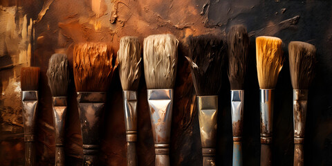 artist brushes on canvas, brushes with brown paint, brush brown, wall art design