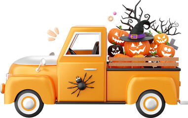 Halloween truck with Jack o lantern pumpkin, Halloween theme elements 3d illustration