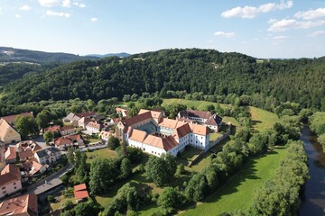 Fototapeta na wymiar Zlata Koruna monastery and historical old town and abbey,scenic aerial panorama landscape view,Czech republic,Southern Bohemia,Europe