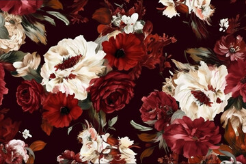 Obraz na płótnie Canvas dark wallpaper bouquet background burgundy nature peony flower ornament vintage decoration. Generative AI.
