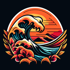 Ocean wave on sunset background. Vector illustration for t-shirt and other uses.