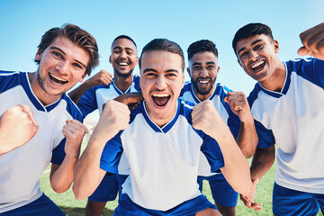 Soccer player, team portrait and celebration on field for winning, fist and together for training, goals or fitness. Athlete men, group and happy on pitch for exercise, football or success in contest