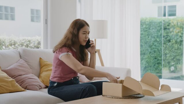 Upset asia people young Gen Z anger argue fight phone call on damage post mail box buy at home online shop retail store. Shock sad rude woman unbox wrong product order bad shipping CRM buyer service.