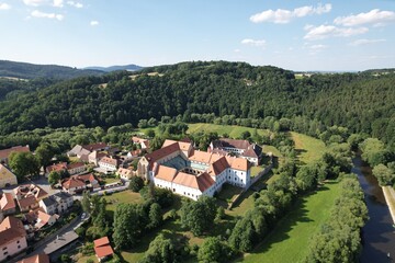 Fototapeta na wymiar Zlata Koruna monastery and historical old town and abbey,scenic aerial panorama landscape view,Czech republic,Southern Bohemia,Europe