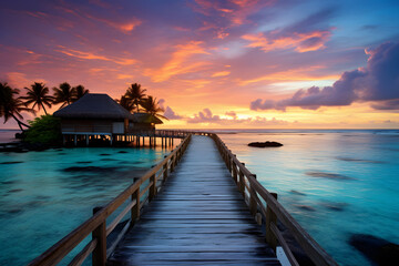 Fototapeta premium Scenic view of colorful pier sunset at the maldives island, stunning lighting imagery background. AI Genrated