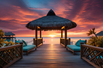 Scenic view of colorful pier sunset at the maldives island, stunning lighting imagery background. AI Genrated - obrazy, fototapety, plakaty