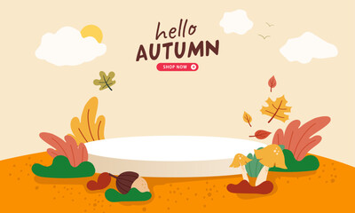 hello autumn podium sale banner illustration, vector, shopping, flash sale and big sale