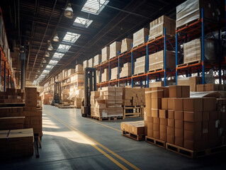 industrial warehouse interior, high ceilings with visible steel beams, rows of packaged goods