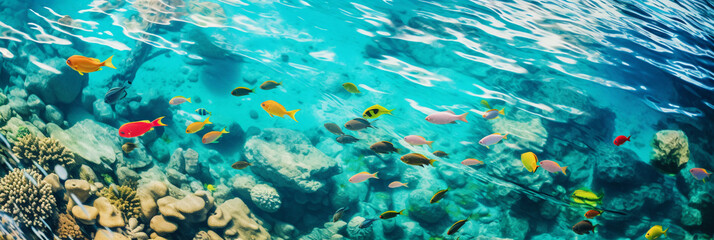 Naklejka na ściany i meble Bird's eye view of a coral reef, crystal clear turquoise waters, a school of colorful fish visible, sunny day
