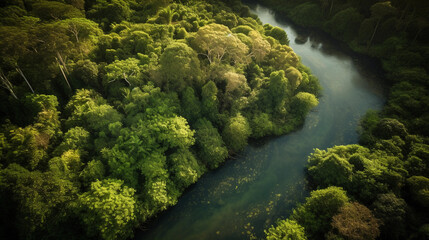 Naklejka na ściany i meble Bird's eye view of a dense tropical rainforest, vivid greens, a river winding through it, high contrast