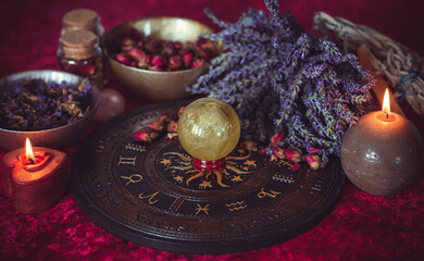 Magical scene, esoteric and wicca concept, fortune telling, witch stuff on a table	