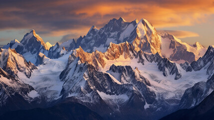 Fototapeta premium Bird's eye view of a snow - capped mountain range during sunset, golden hour light reflecting off the peaks