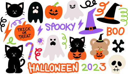 Scary but cute Halloween icons such as pumpkin, ghost, black cat, trick or treat candy, spooky skull, witch hat, bones, eye's blood vessel for cartoon, character, plush toy, doll, cute patches, animal