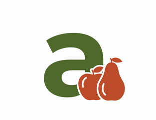 lowercase letter a with pear and apple. fruit alphabet logo. gardening and harvest design