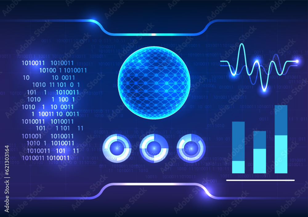 Poster concept of screen technology. showcases a central circle surrounded by dynamic wave line elements, g
