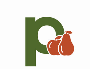 lowercase letter p with apple and pear. fruit alphabet logo symbol. harvest and gardening design. vector color image
