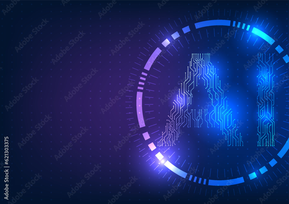 Poster connection of artificial intelligence technology. with circuit lines forming ai characters inside a 
