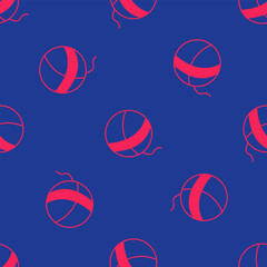 Red Yarn ball icon isolated seamless pattern on blue background. Label for hand made, knitting or tailor shop. Vector