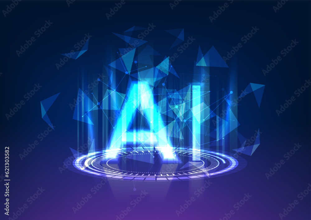Poster technology circle projecting an ai, surrounded by overlapping line elements. hologram technology,sym