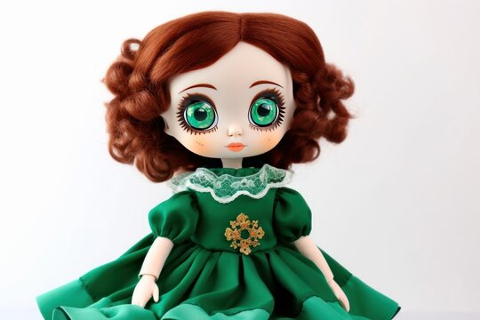 porcelain doll with big green eyes wearing beautiful green dress. porcelain doll on white background