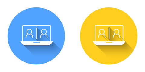 White Video chat conference icon isolated with long shadow background. Online meeting work form home. Remote project management. Circle button. Vector