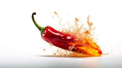 Fresh red chilli pepper blasting in fire as a concept of burning feeling of spicy food and spices. White background. Generative AI - obrazy, fototapety, plakaty