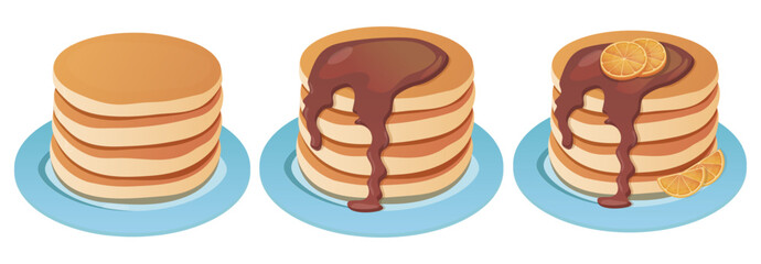 Pancakes cartoon style. Pancakes with chocolate syrup and oranges, american breakfast