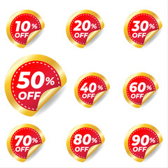 Discount price tag, Price 10 20 30 40 50 60 70 80 90 percent, Red and gold discounts sale promotion sticker badge set for shopping marketing, advertisement clearance, element, Vector illustration