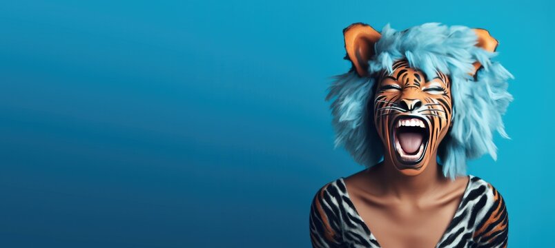 Laughing Happy Adult Black Woman Wearing A Tiger Costume For Halloween On A Blue Banner With Space For Copy