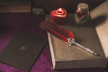 Magical scene, esoteric and wicca concept, fortune telling, witch stuff on a table	