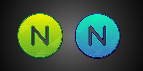 Green and blue Compass north icon isolated on black background. Windrose navigation symbol. Wind rose sign. Vector