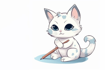 Fototapeta premium cute white cartoon cat with a pen in its paw on white background. Education concept. Back to school. Learning, study. Place for text, copy space. Smart kitty. September