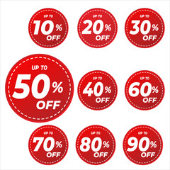 Discount price tag, Price 10 20 30 40 50 60 70 80 90 percent, Red and white discount promotion sticker badge set for shopping marketing, advertisement clearance, element, special Vector illustration