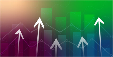 Financial chart with uptrend line and arrows in stock market on green and blue color background vector illustration