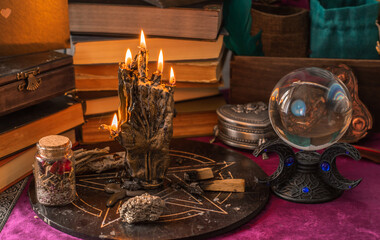 Magical scene, esoteric and wicca concept, fortune telling, witch stuff on a table	