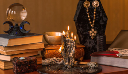 Magical scene, esoteric and wicca concept, fortune telling, witch stuff on a table	