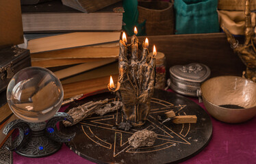 Magical scene, esoteric and wicca concept, fortune telling, witch stuff on a table	