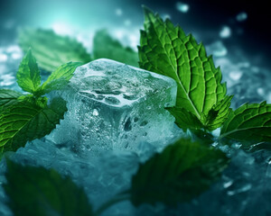 Fresh mint leaves with square shape ice cubes. Creative photography of menthol products. Generative AI